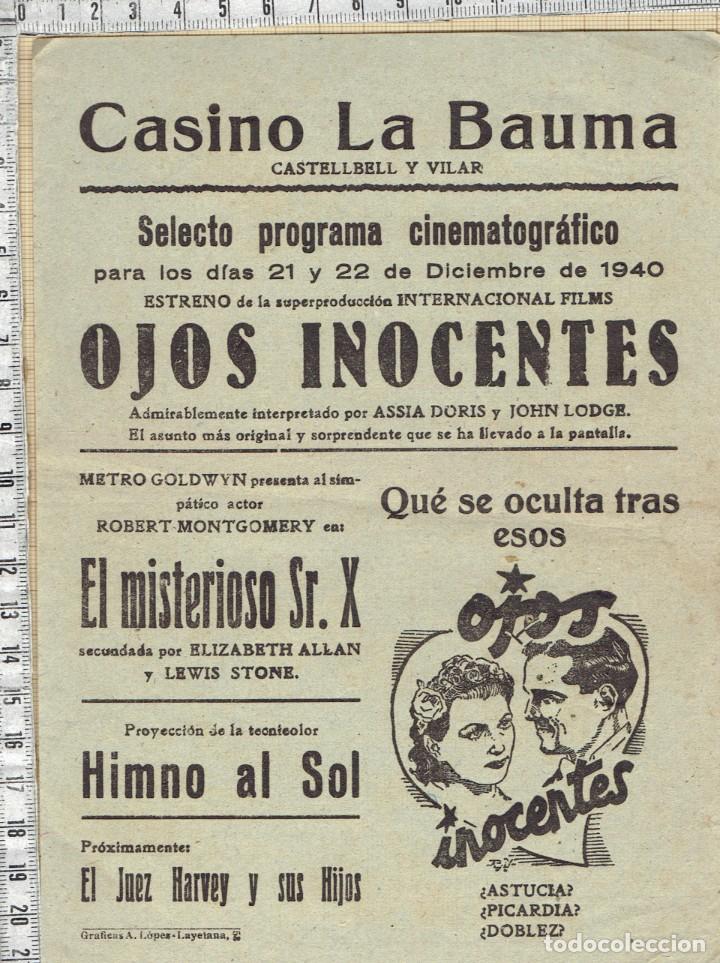 Cine: PUBLICIDAD PROGRAMA PELICULAS CASINO LA BAUMA CASTELLBELL Y VILAR 1940.