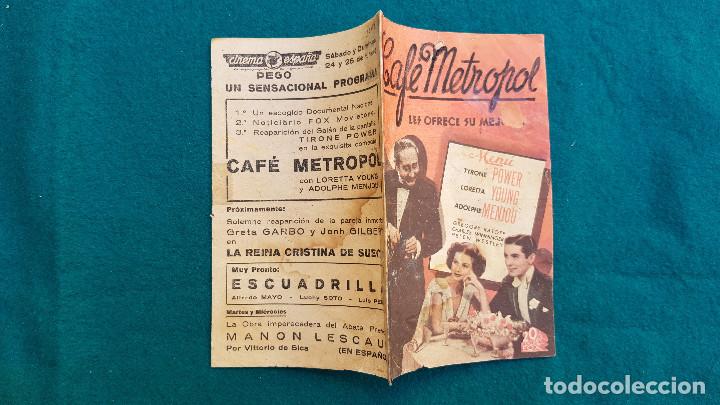 Cine: PROGRAMA DE MANO CINE CAFE METROPOL (1942) CON CINE AL DORSO - Foto 1