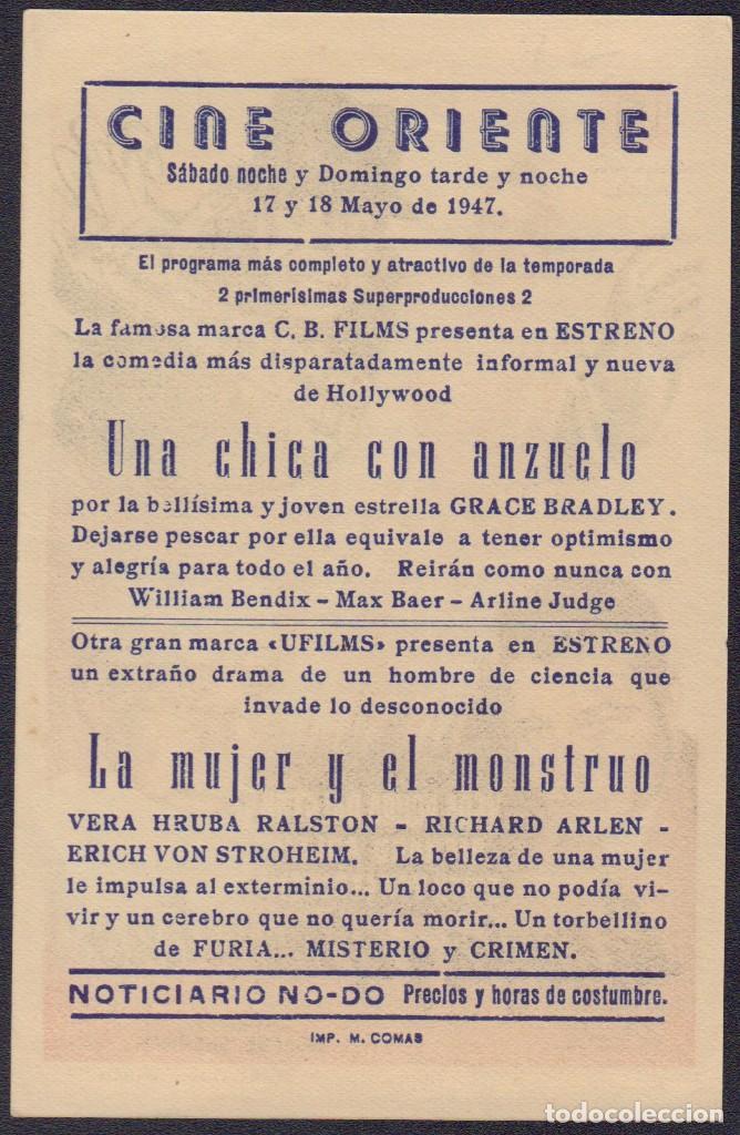 Cine: Programa sencillo de LA MUJER Y EL MONSTRUO (1944) - Cine Oriente de Barcelona - Foto 2