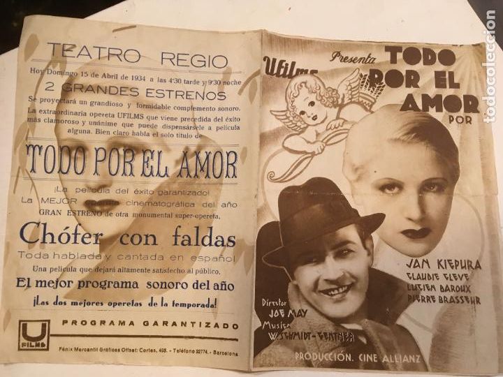  Flyers Publicitaires de films Anciens: Programa Todo por el amor, Joe May,Jan Kiepura, Claudie Cleve, Teatro Regio Almansa,Albacete 1934.