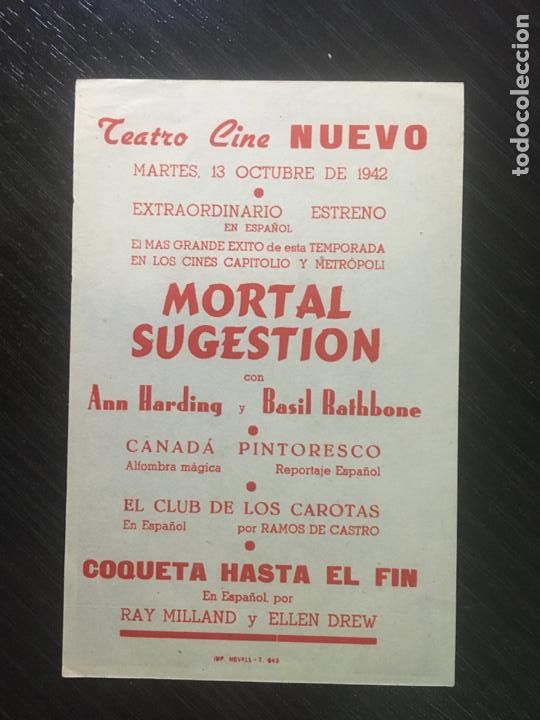 Cine: Mortal sugesti&oacute;n - Programa de cine Badalona C/P 1942 - Foto 2