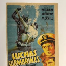 Cine: CINE RIALTO CASTELLON RICHARD WIDMARK, EN LUCHAS SUBMARINAS. FOLLETO DE MANO (A.1953). Lote 273072308