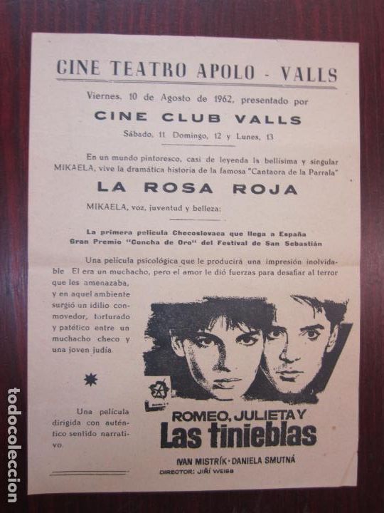 Cine: romeo julieta y las tinieblas - folleto mano original local - daniela smutna Ivan Mistr&iacute;k - impreso