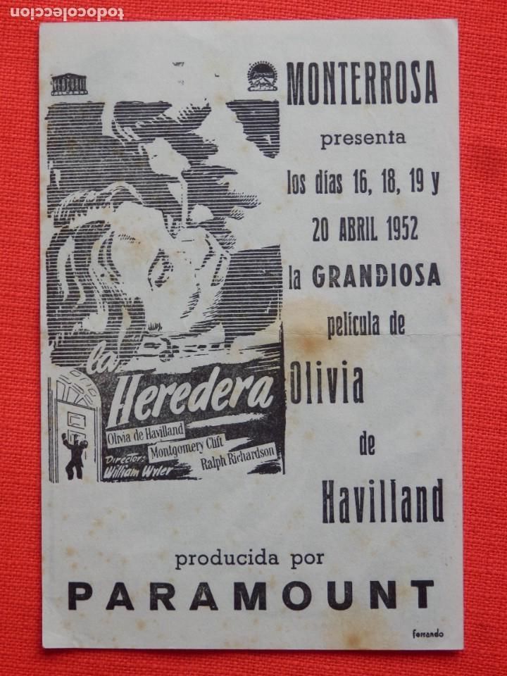 Folhetos de m&atilde;o de filmes antigos de cinema: la heredera, local Monterrosa Reus1952, excelente estado, olivia de havilLand montgomery clift