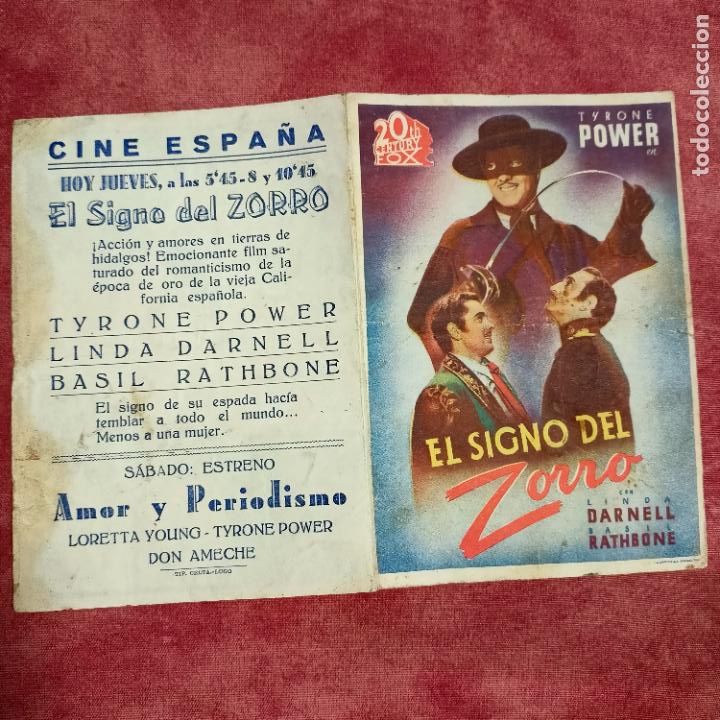 Flyers Publicitaires de films Anciens: ANTIGUO PROGRAMA DE MANO DOBLE ORIGINAL EL SIGNO DEL ZORRO CON TYRONE POWER A&Ntilde;OS 40