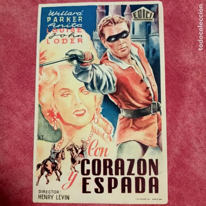 Cine: P2 folleto de mano CON CORAZON Y ESPADA Willard Parker a&ntilde;o 1948