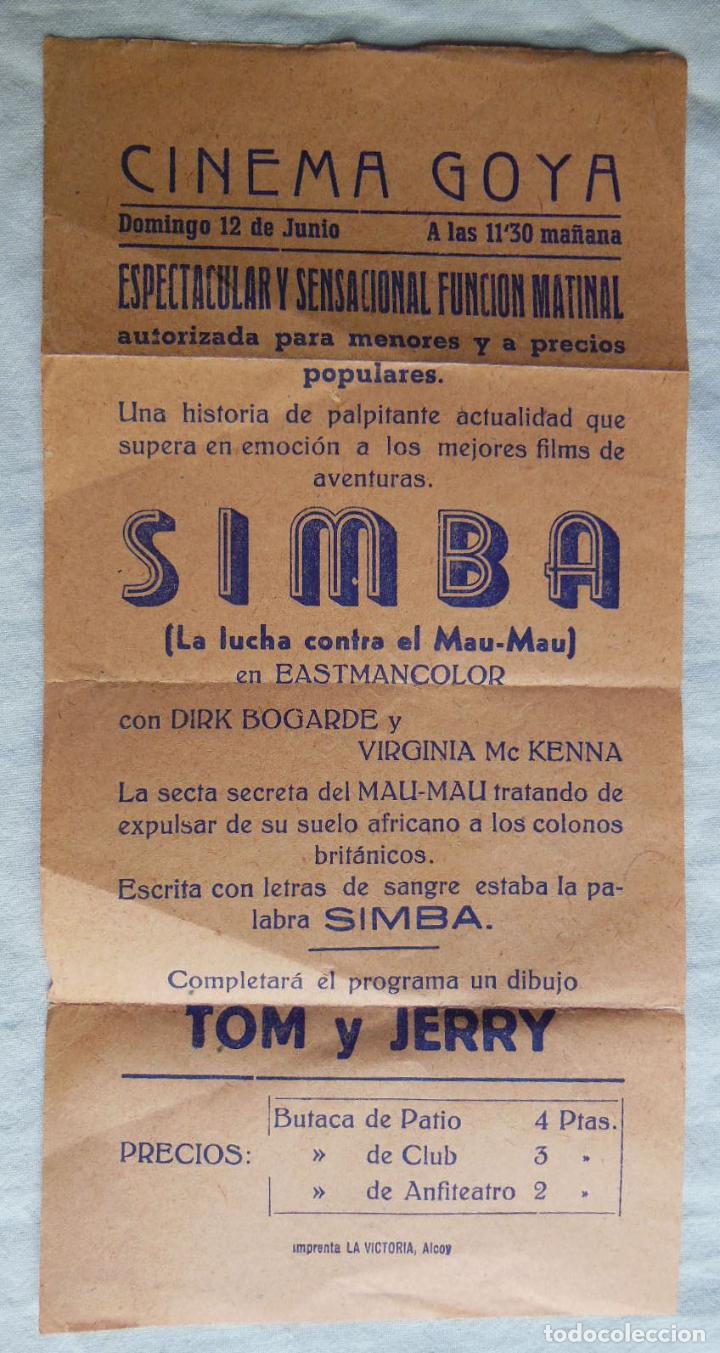 Folhetos de m&atilde;o de filmes antigos de cinema: Folleto de Mano : SIMBA. Dirk Bogarde y Virginia McKenna. Cinema Goya, Alcoy