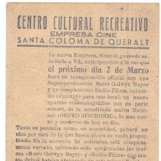 Cine: POSTAL FOLLETO CINE 1937 INAGURACION CENTRO CULTURAL RECREATIVO EMPRESA CINE SANTA COLOMA DE QUERALT. Lote 284362383