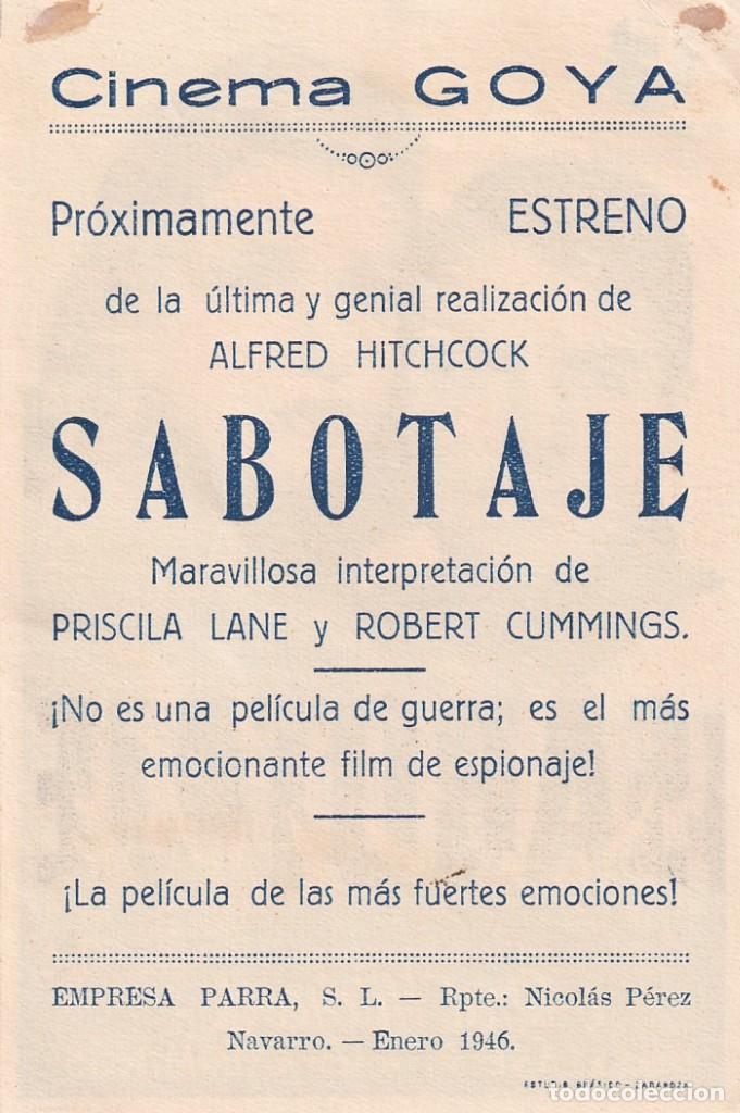 Cine: SABOTAJE.- PROGRAMA DE MANO. CINEMA GOYA ZARAGOZA - Foto 2