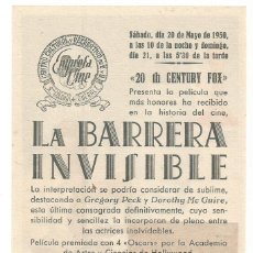 Cine: SENCILLO LA BARRERA IMVISIBLE 1950 CINE CULTURAL RECREATIVO DE E. D. STA COLOMA DE QUERALT. Lote 289835668