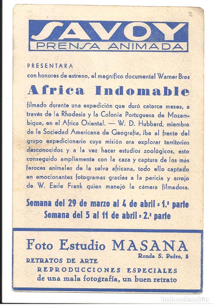 Cine: PTCC 102 AFRICA INDOMABLE PROGRAMA TARJETA WARNER DOCUMENTAL - Foto 2
