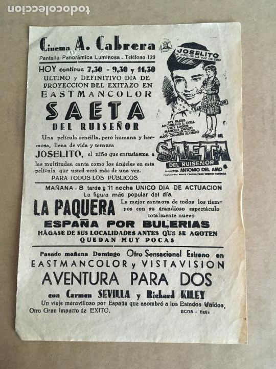 Cine: saeta del ruise&ntilde;or joselito folleto de mano local original cine imperial