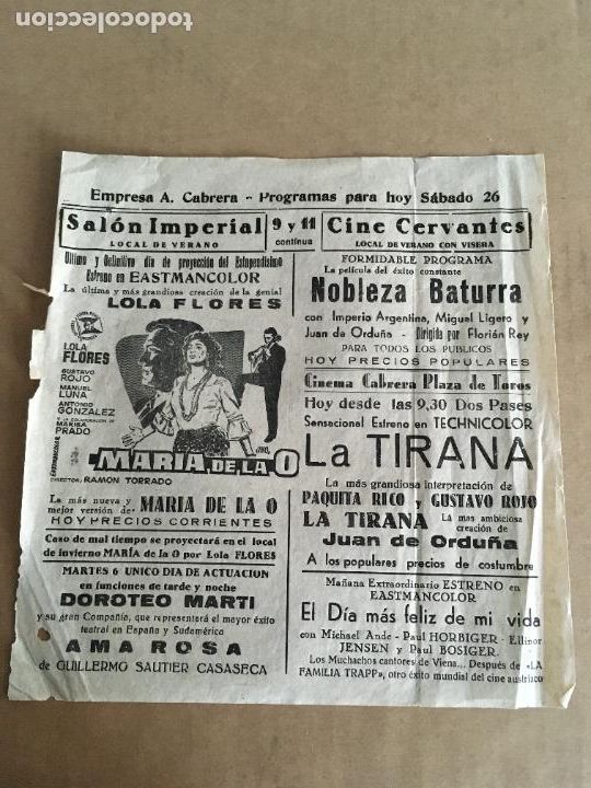 Cine: maria de la o lola flores la tirana nobleza baturra folleto de mano local original cine imperial
