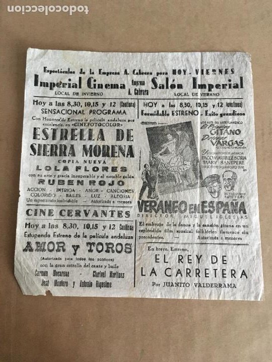 Cine: estrella de sierra morena lola flores veraneo en españa folleto de mano local original cine imperial - Foto 1 - 301219458