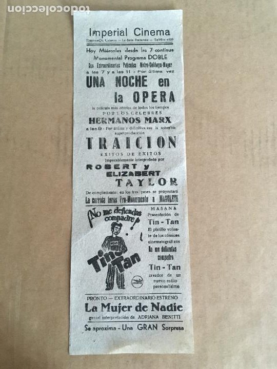 Cine: una noche en la opera tin tan traicion folleto de mano local original cine imperial - Foto 1 - 301220443