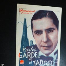 Cine: EL TANGO EN BROADWAY GARDEL PROGRAMA MANO PUBLICIDAD TEATRO CAMARON SEGORBE CASTELLON 2 JULIO 1936. Lote 301288688