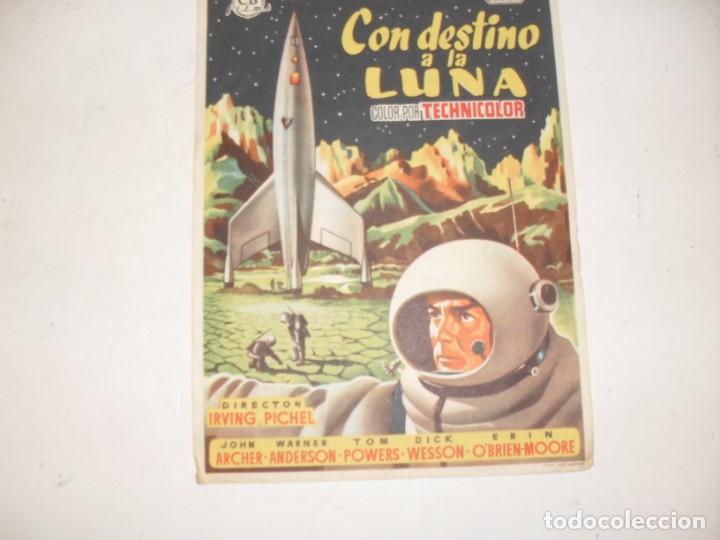  Flyers Publicitaires de films Anciens: programa de mano sencillo,con texto publicitario .titulo: CON DESTINO A LA LUNA.