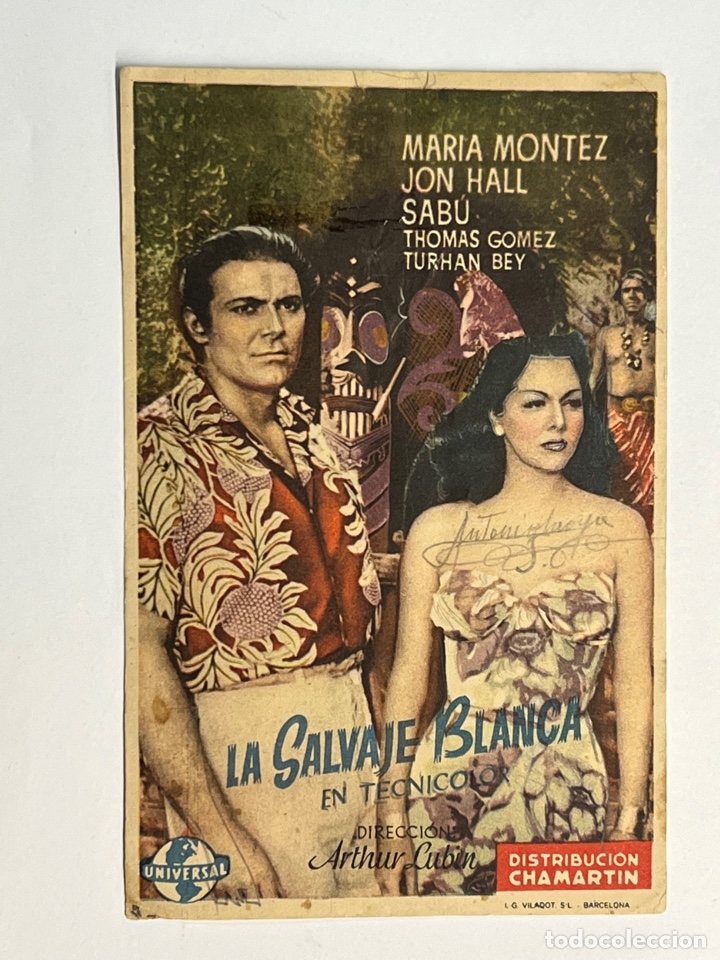  Flyers Publicitaires de films Anciens: CINE, LA SALVAJE BLANCA, con Mar&iacute;a Montez, Jon Hall, Sabu,.. folleto de mano (a.1943) deslucido