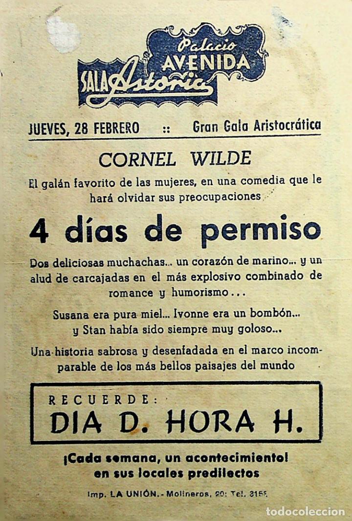 Cine: PROGRAMA DE MANO. 4 D&Iacute;AS DE PERMISO. Cornel Wilde. CP (L. Lindberg) - Foto 2