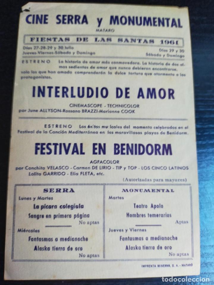 Cine: Interludio de amor. / Programa de mano. Cine Serra y Monumental. Matar&oacute; 1961 - Foto 2