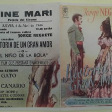 Cine: HISTORIA DE UN GRAN AMOR JORGE NEGRETE ORIGINAL DOBLE C.P.CINE MARI LEON BUEN ESTADO. Lote 315935443