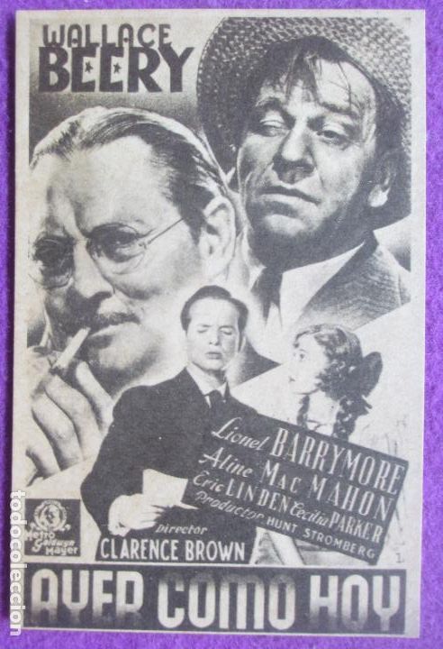 Cine: PROGRAMA DE CINE TARJETA AYER COMO HOY WALLACE BEERY LIONEL BARRYMORE METRO PC157