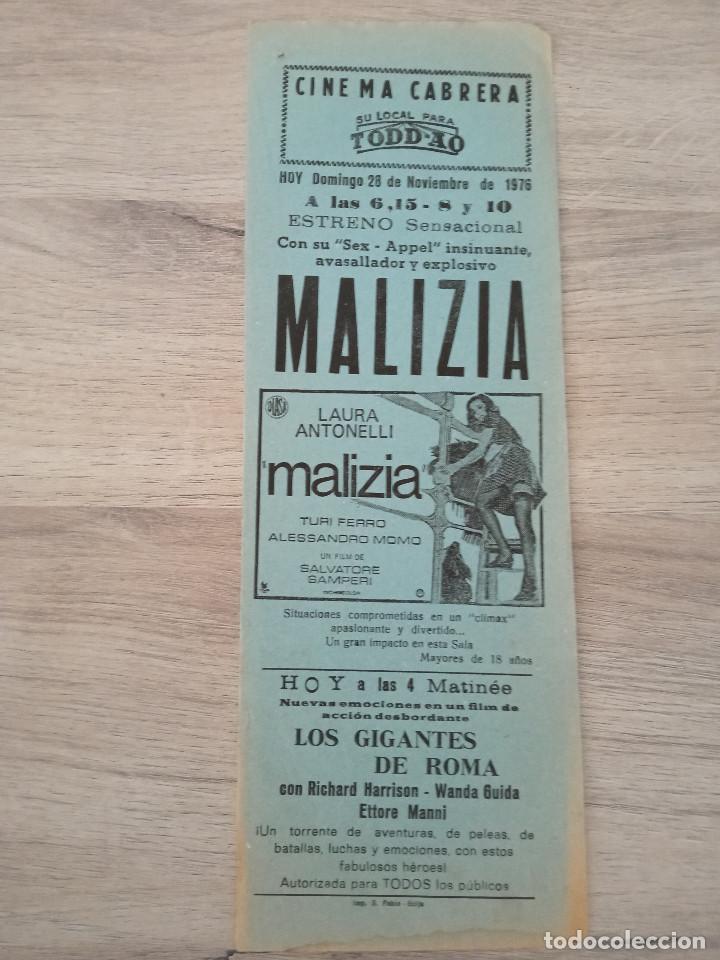  Foglietti di film di film antichi di cinema: MALIZIA, LAURA ANTONELLI, FOLLETO LOCAL CINEMA CABRERA, 1976