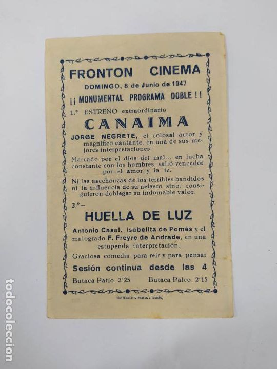 Cine: PROGRAMA FOLLETO DE MANO DE CINE FRONTON LOGRO&Ntilde;O. CANAIMA. 8 JUNIO 1947. TDKP20E - Foto 2
