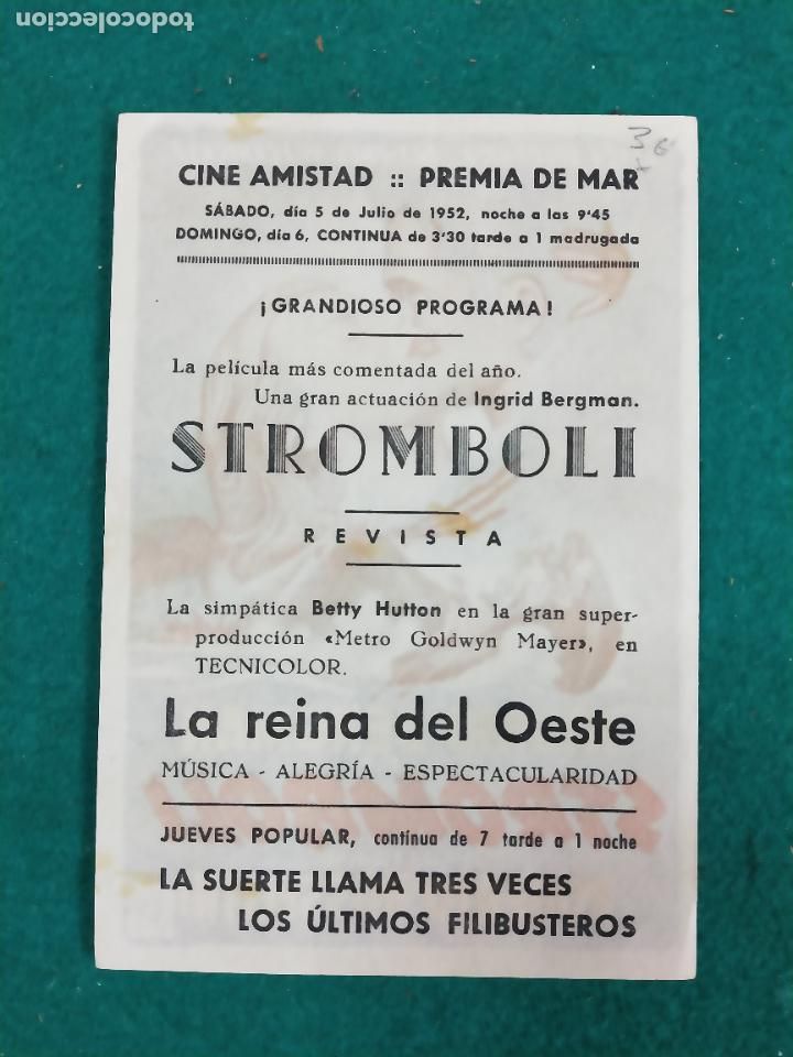Cine: STROMBOLI. INGRID BERGMAN. PROGRAMA DE CINE CON PUBLICIDAD. - Foto 2