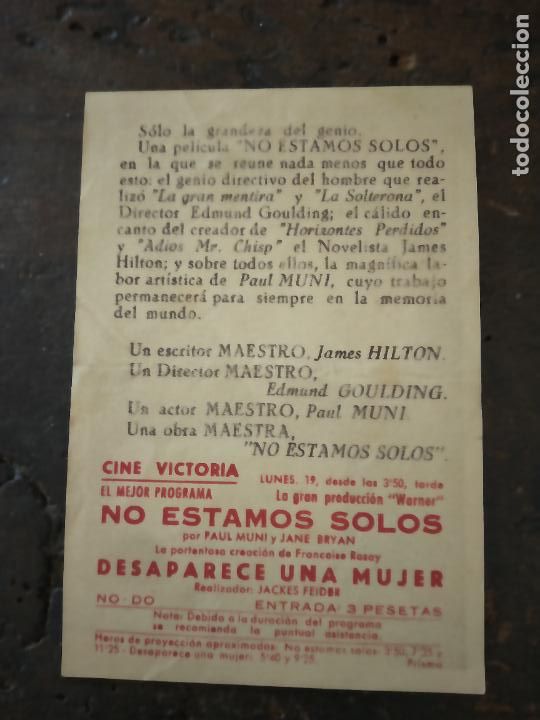 Cine: NO ESTAMOS SOLOS. PAUL MUNI. PROGRAMA DE CINE CON PUBLICIDAD. - Foto 2