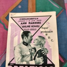 Cine: PROGRAMA DE CINE DOBLE - PRESTIGIO - ANN HARDING / ADOLPHE MENJOU - CINNAMONDFILM / PDC , 1933. Lote 325019708