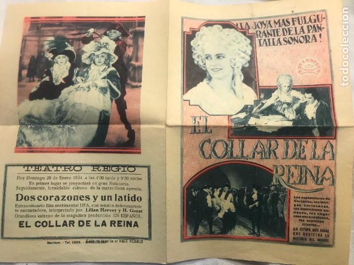 Folhetos de m&atilde;o de filmes antigos de cinema: Programa de cine El Collar de la Reina a&ntilde;o 1934 teatrro Regio de Almansa,Albacete