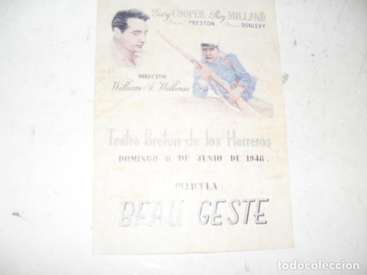 Cine: programa de mano sencillo,sin texto publicitario.titulo:BEAU GESTE (GARY COOPER).