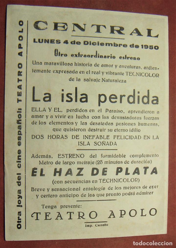 Cine: PROGRAMA DE CINE LA ISLA PERDIDA CON PUBLICIDAD TEATRO APOLO 1950 - Foto 2