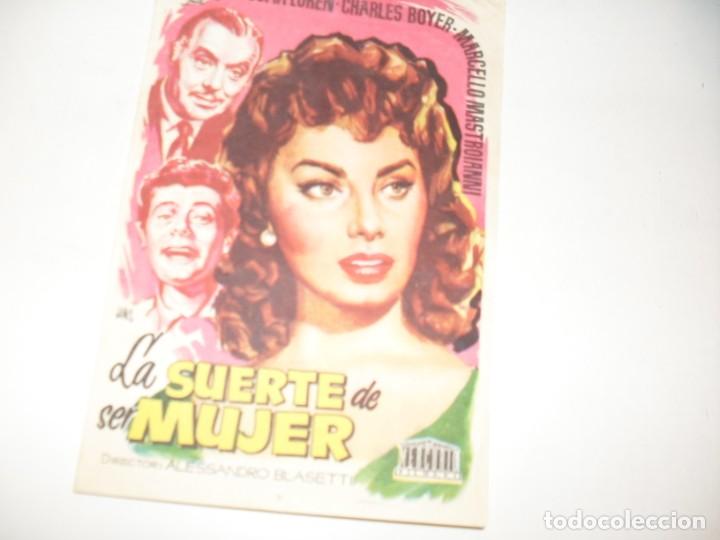  Flyers Publicitaires de films Anciens: programa de mano sencillo,con texto publicitario.titulo: LA SUERTE DE SER MUJER (SOPHIA LOREN).