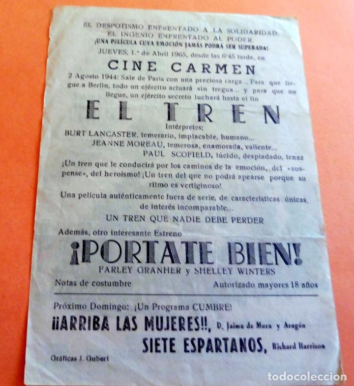 Cine: PROGRAMA DE CINE - EL TREN - CINE CARMEN - PALAM&Oacute;S - 1965 - Foto 2