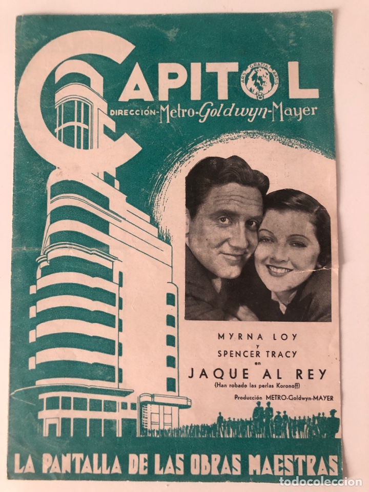 Cine: Programa MGM capitol jaque al rey myrna loy.una chica de provincias robert taylor