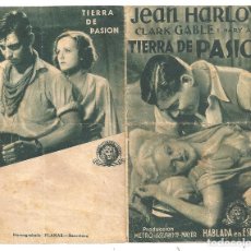 Cine: PTCC 138 TIERRA DE PASION PROGRAMA DOBLE MGM VERDE CLARK GABLE JEAN HARLOW
