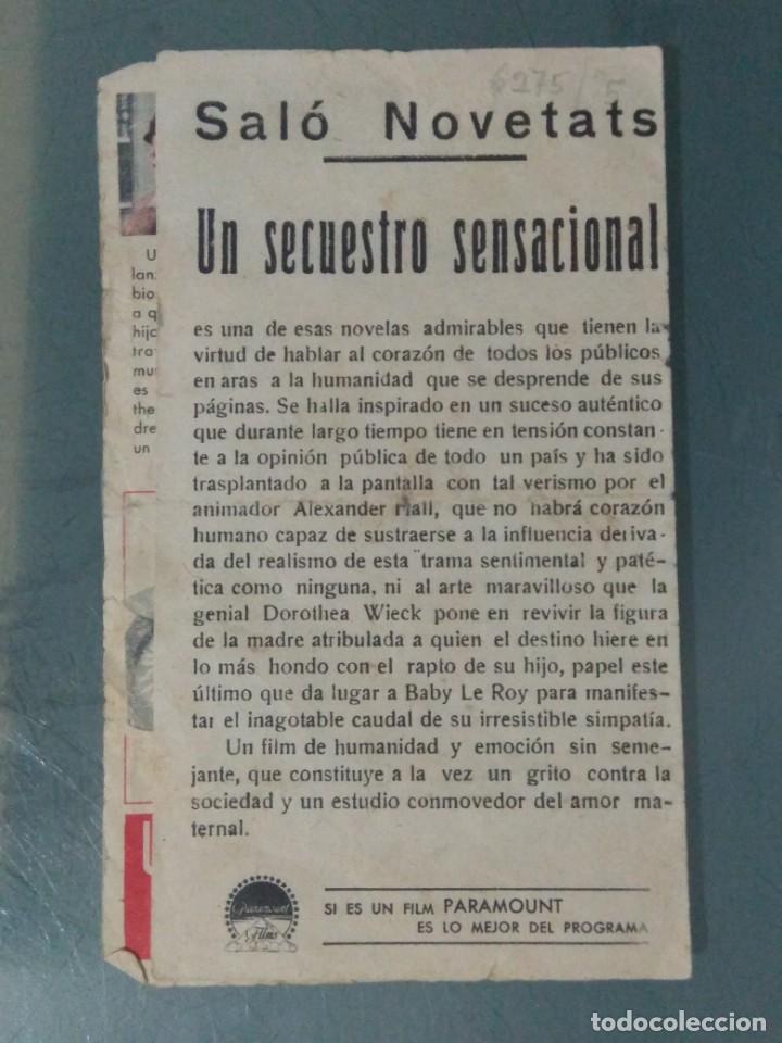 Cine: SECUESTRO SENSACIONAL. PROGRAMA DE CINE DOBLE. CON PUBLICIDAD. - Foto 3
