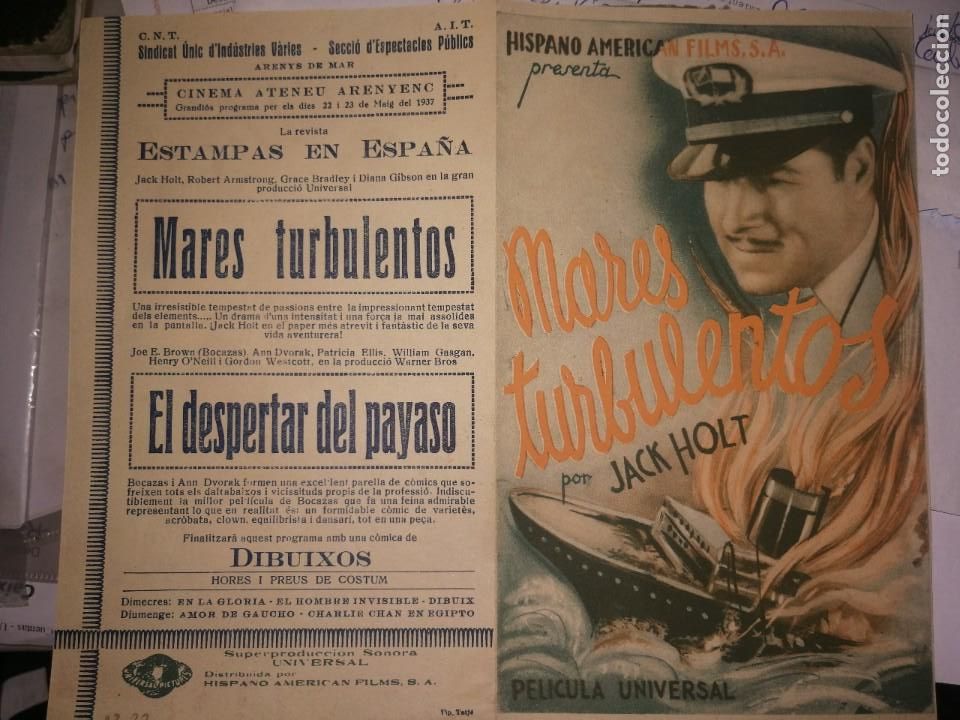  Flyers Publicitaires de films Anciens: MARES TURBULENTOS JACK HOLT ORIGINAL DOBLE C.P. CNT-AIT CINEMA ATENEU ARENYENC ( EN CATALAN)any 1937