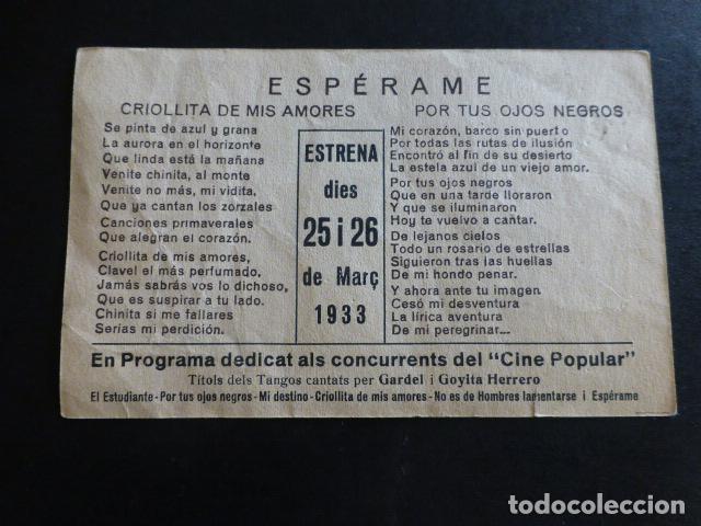 Cine: ESPERAME CARLOS GARDEL PROGRAMA DE CINE PUBLICIDAD 1933 - Foto 2