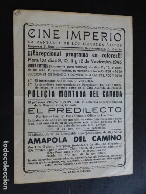 Cine: POLICIA MONTADA DEL CANADA PROGRAMA DE CINE PUBLICIDAD CINE IMPERIO - Foto 2