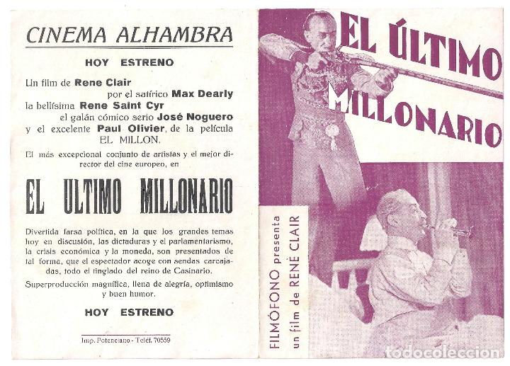 Cine: PTCC2 09 EL ULTIMO MILLONARIO PROGRAMA DOBLE FILMOFONO RENE CLAIR - Foto 2