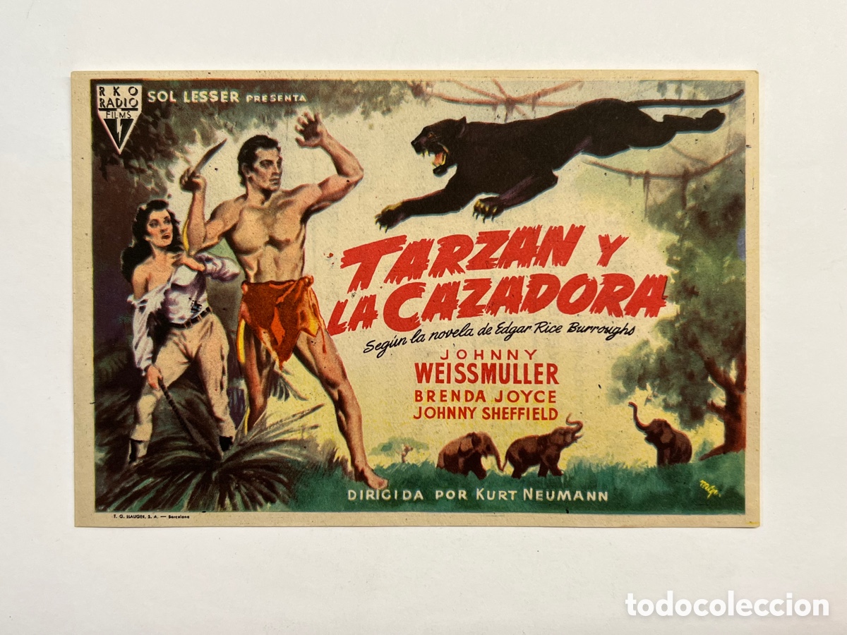 Kino: CINEMA ESPA&Ntilde;A. PEGO Alicante. Tarzan y la Cazadora.. Johnny Weismuller.. (a.1947) Folleto Cine