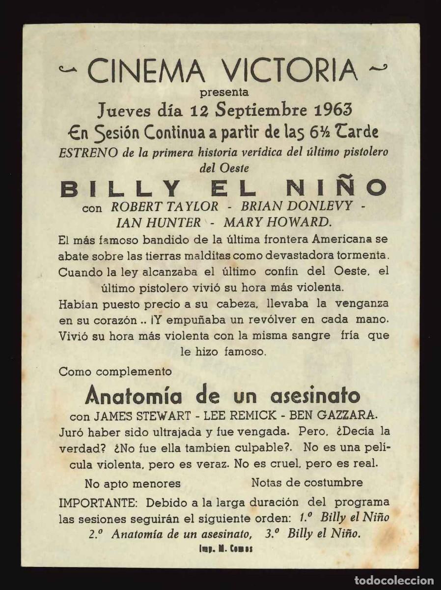 Cine: BILLY EL NI&Ntilde;O / PROGRAMA DE CINE CON PUBLICIDAD EN TRASERA (OESTE) - Foto 2