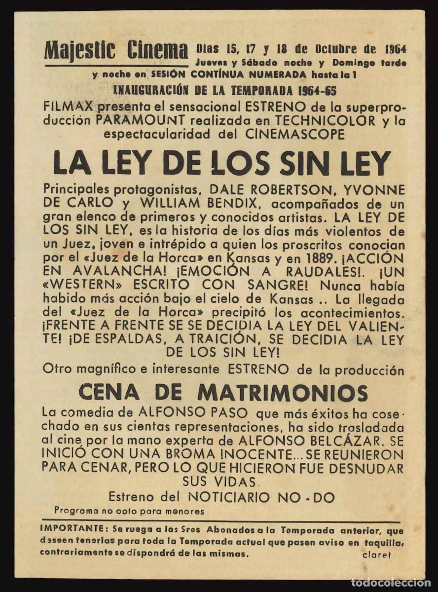 Cine: LA LEY DE LOS SIN LEY / PROGRAMA DE CINE CON PUBLICIDAD EN TRASERA (OESTE) - Foto 2