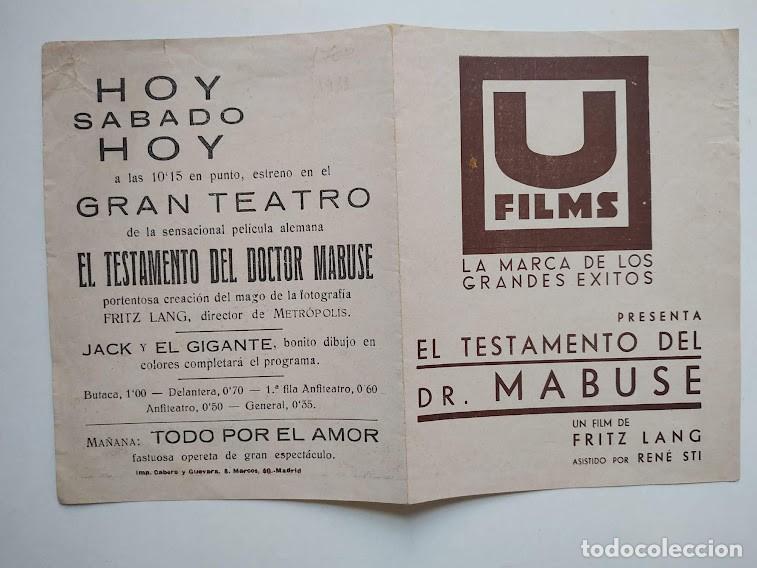Cine: PTCC6 54 EL TESTAMENTO DEL DR MABUSE PROGRAMA DOBLE U FILMS FRITZ LANG - Foto 1
