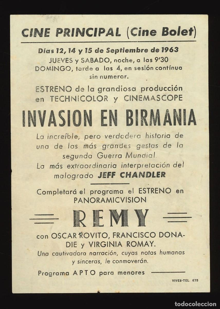 Cine: INVASI&Oacute;N EN BIRMANIA / PROGRAMA DE CINE CON PUBLICIDAD EN TRASERA (B&Eacute;LICO) - Foto 2