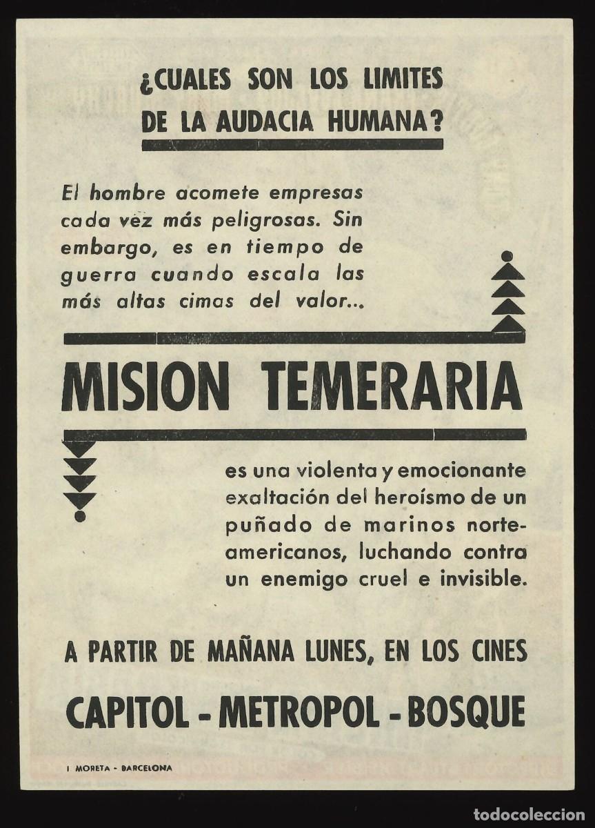 Cine: MISI&Oacute;N TEMERARIA / PROGRAMA DE CINE CON PUBLICIDAD EN TRASERA (B&Eacute;LICO) - Foto 2