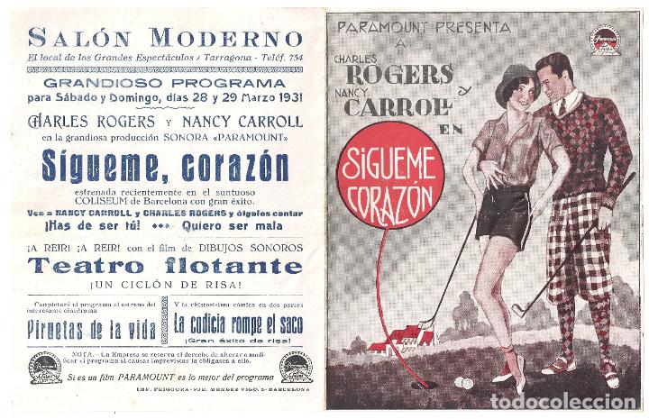 Cine: PTCC 166 SIGUEME CORAZON PROGRAMA DOBLE PARAMOUNT CHARLES ROGERS NANCY CARROLL GOLF - Foto 1